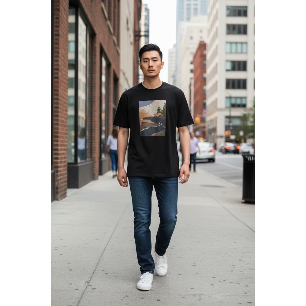 Express Mens XXL Black Graphic Tee Mountain Landscape Tapestry Patch T-Shirt